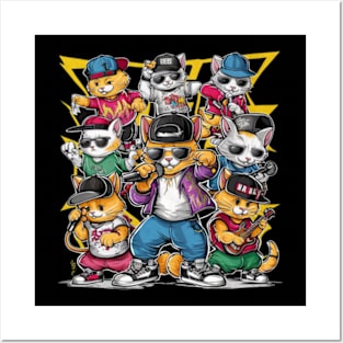 Cute cat gang with hand drawn cartoon. Hip Hop style Posters and Art